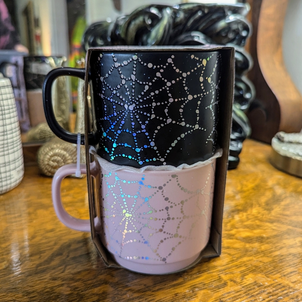 Iridescent Stackable‎ Spider Web Mugs - Pink & Black Halloween Kitchen Decor NWT